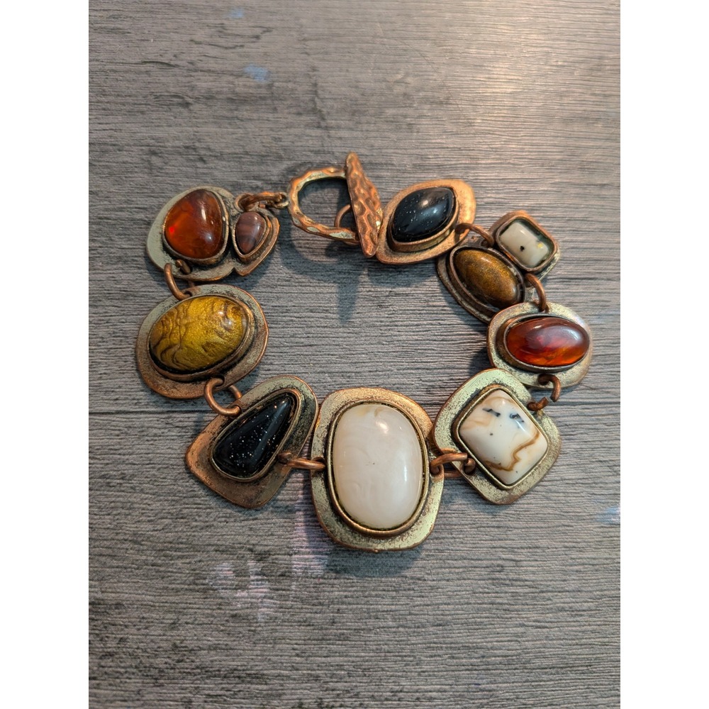Vintage Multi Stone Cabochon Bronze Tone Link Bracelet Hammered Toggle Clasp